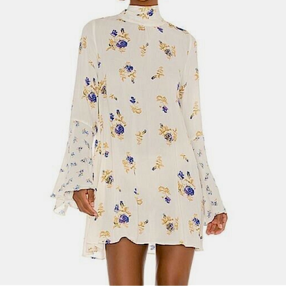 Free People Mock Neck Tate Floral Flowy Tunic Dress, Sz Small, Ivory Combo, NWOT